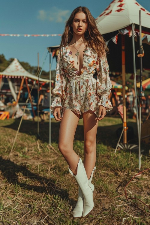 a woman wears romper with white cowboy boots in festival