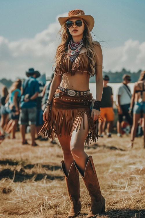 a woman wears skirt and cowboy boots in a festival