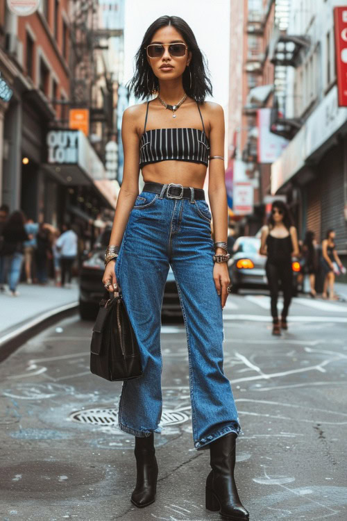 a woman wears striped crop top, crop flare jeans and black cowboy boots