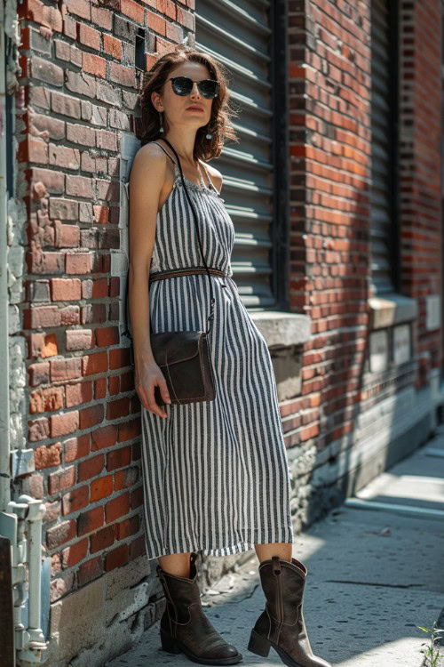a woman wears striped sundress with black cowboy boots for formal occasion