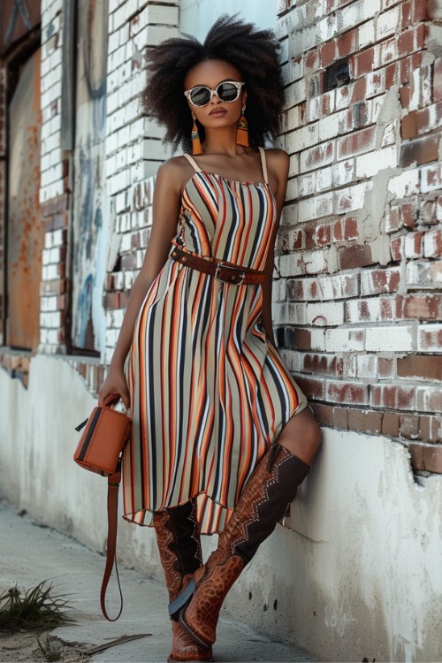 a woman wears striped sundress with brown cowboy boots for formal occasion