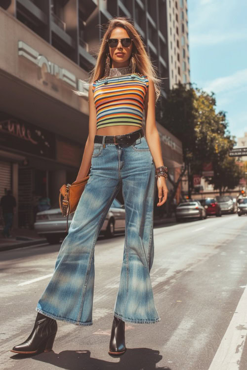 a woman wears striped vibrant top, crop flare jeans and black cowboy boots