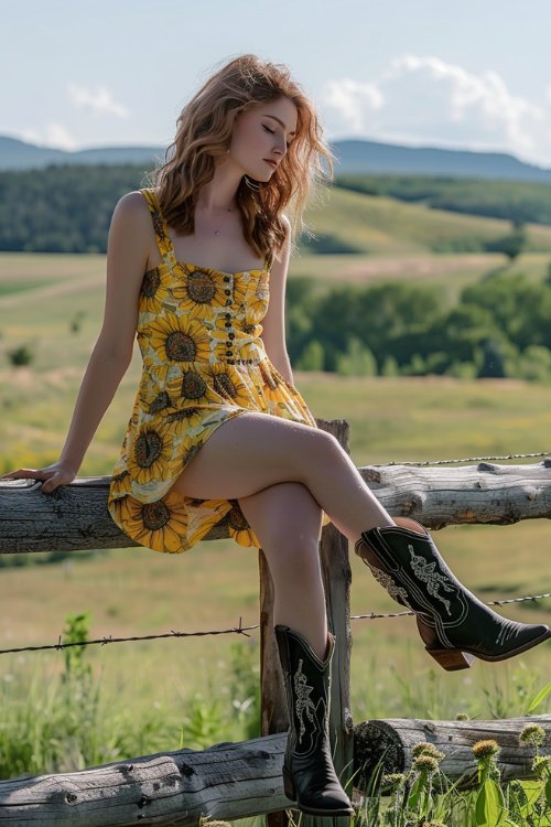 a woman wears sundress with black cowboy boots on a fence
