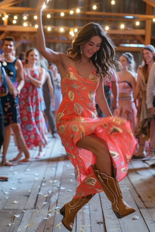 a woman wears sundress with brown cowboy boots for dancing