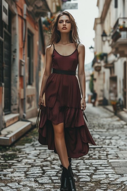 a woman wears sundress with cowboy boots in an alley