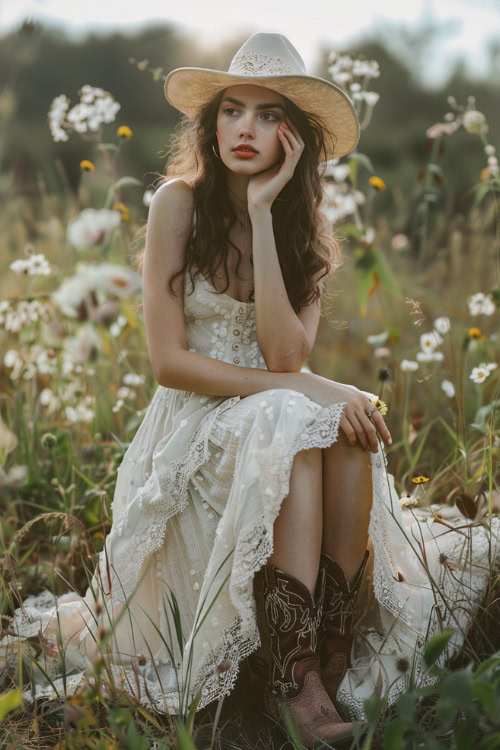 a woman wears white dress and brown cowboy boots in the field