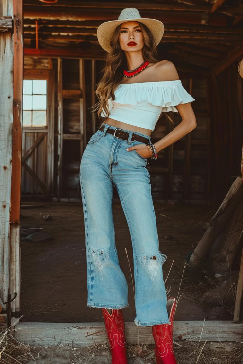 a woman wears white off shoulder top, crop flare jeans and red cowboy boots