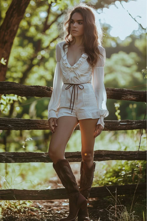 a woman wears white romper with brown cowboy boots near the fence