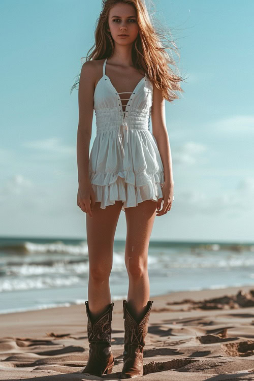 a woman wears white romper with brown cowboy boots on a beach