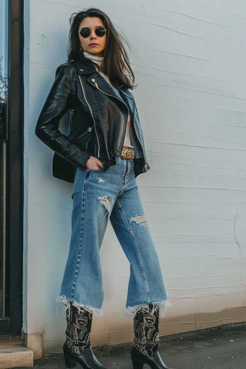 a woman wears white top, black jacket, crop flare jeans and black cowboy boots