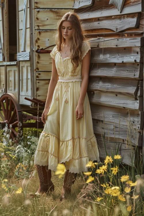 a woman wears yellow sundress with brown cowboy boots for country wedding