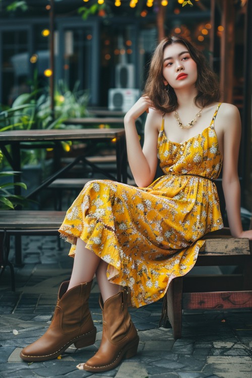 a woman wears yellow sundress with brown cowboy boots sitting in a cafe