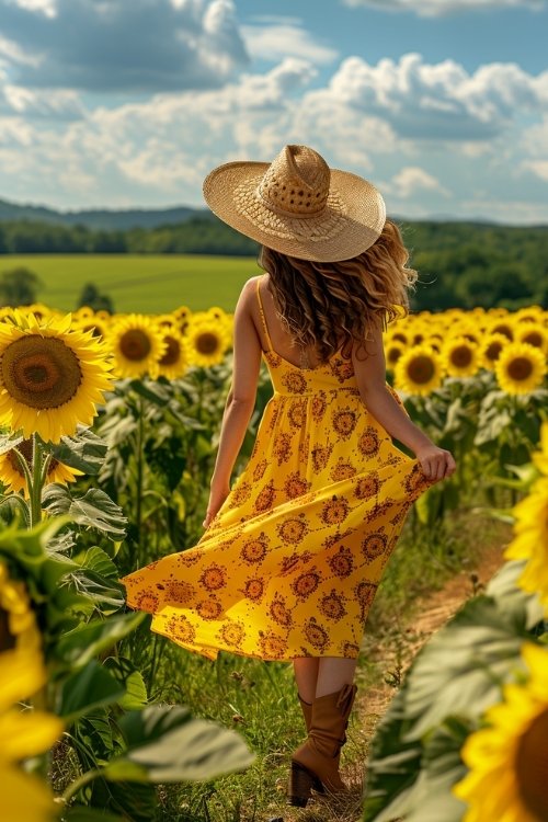 a woman wears yellow sundress with cowboy boots and hat in sunflower garden