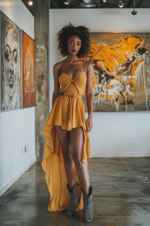 a woman wears yellow sundress with cowboy boots in a gallery