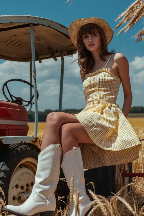 a woman wears yellow sundress with white cowboy boots on a truck