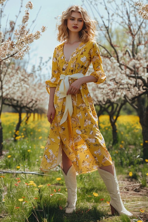 a woman wears yellow wrap dress and cowboy boots