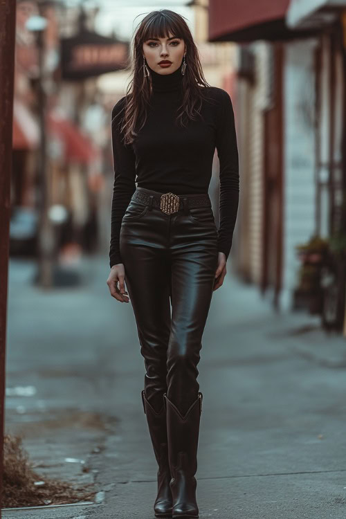 A chic Western-inspired look featuring a black turtleneck, leather pants, and black cowboy boot