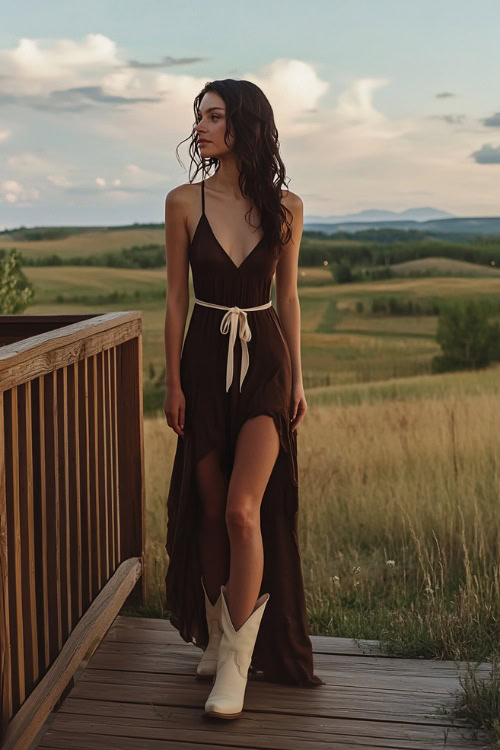 A chic woman in a dark brown maxi slip dress with adjustable tie straps, paired with cream cowboy boots