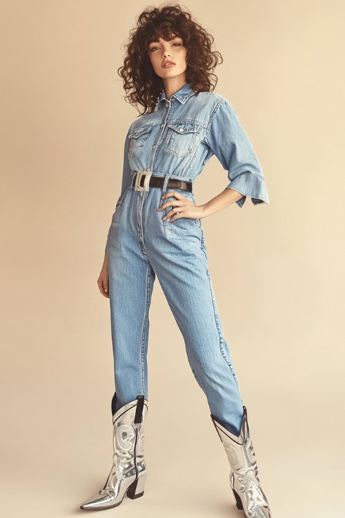 A chic woman styled in silver cowboy boots, a casual blue denim dress with rolled-up sleeves, and a simple black belt