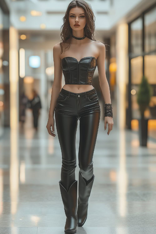 A modern baddie in a cropped leather corset, black skinny jeans, and knee-high black cowboy boots