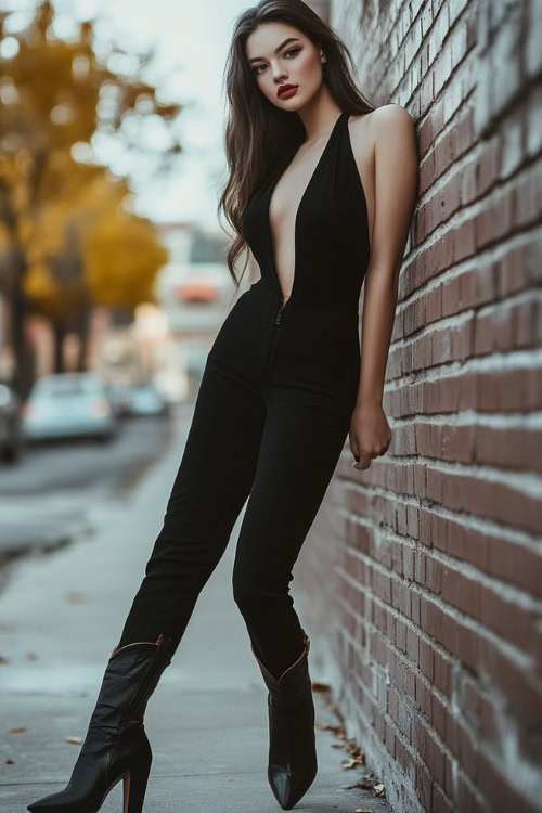 A stylish woman in a deep V-neck black jumpsuit, pointed-toe black cowboy boots, and a sleek ponytail