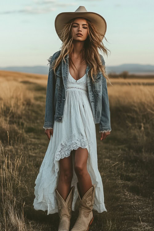 A stylish woman in a white lace-trimmed maxi slip dress, layered with a distressed denim jacket and worn with beige cowboy boots