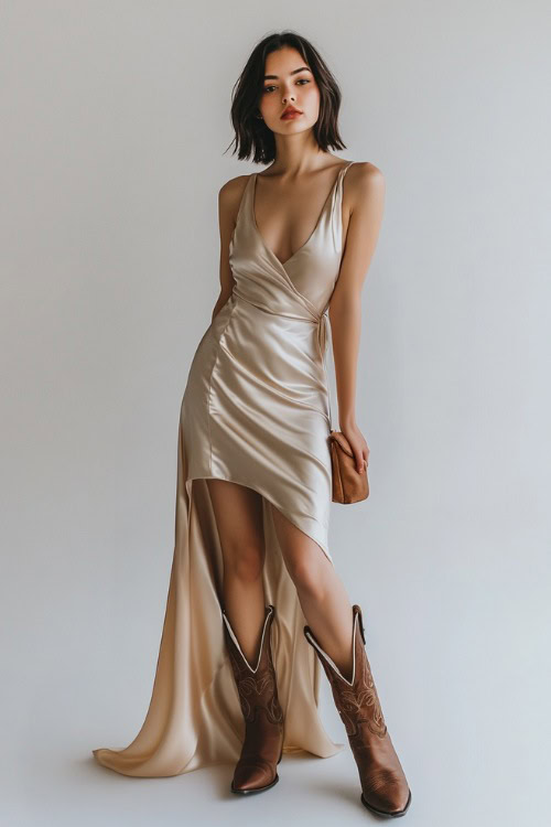 A stylish woman wearing a satin maxi slip dress with a thigh-high slit, paired with classic brown cowboy boots. The dress drapes elegantly, and she carries a small bag.