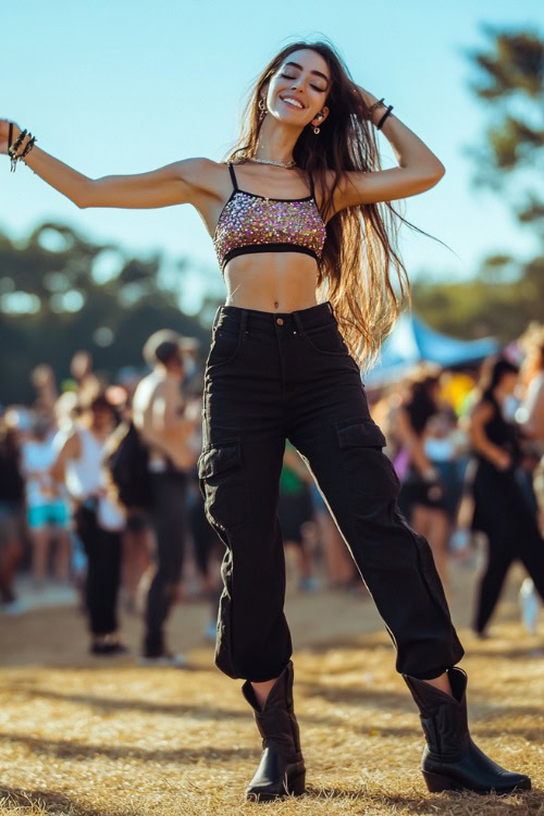 A trendy woman in a sparkly crop top, black cargo pants, and black cowboy boots, dancing at an outdoor music festival (2)