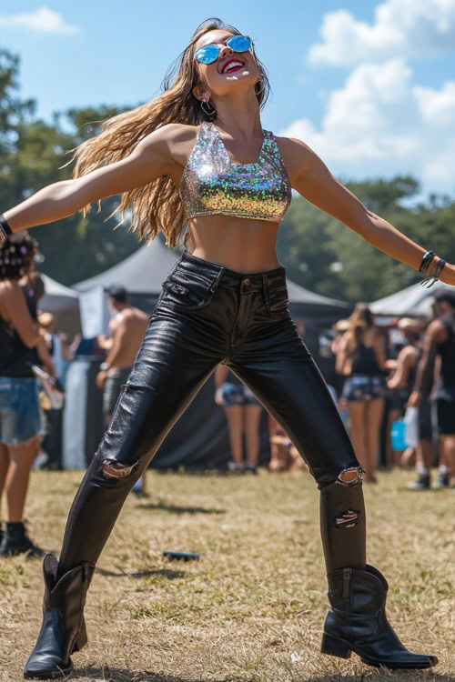 A trendy woman in a sparkly crop top, black cargo pants, and black cowboy boots, dancing at an outdoor music festival