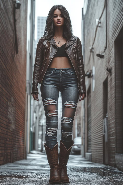 A woman in a cropped leather jacket, ripped jeans, and cowboy boots, standing in an urban alley (2)