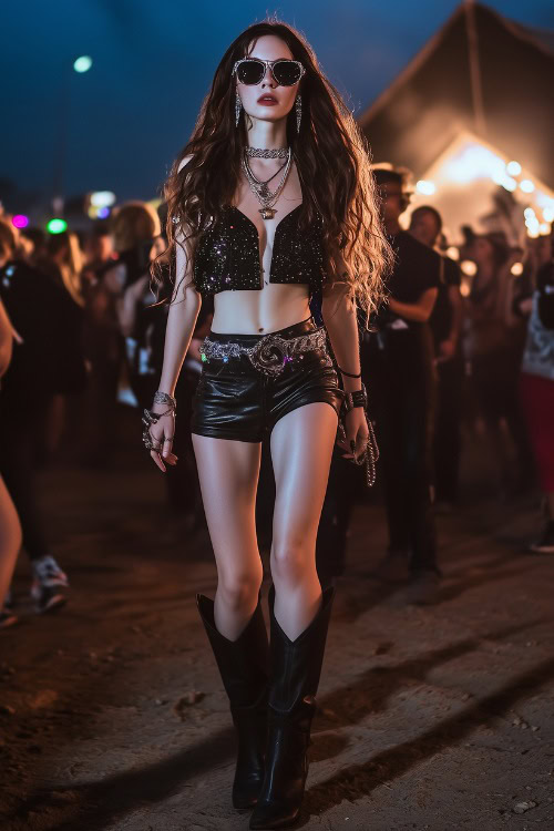 A woman in a glittery cut-out top, black leather shorts, and black cowboy boots, accessorized with silver chains and sunglasse