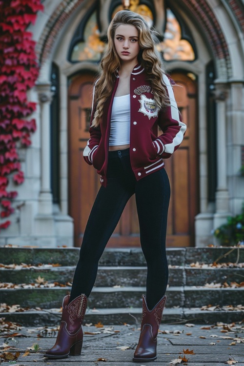 A woman wears a red-white letterman jacket with a white crop top, black leggings and brown cowboy boots