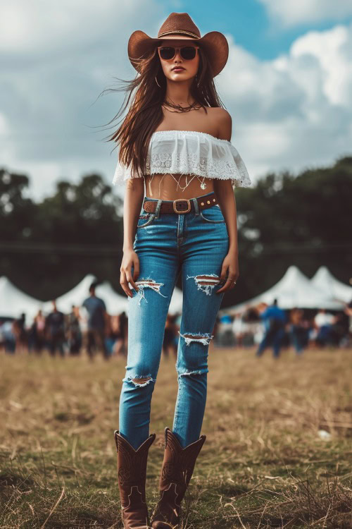 A woman wears a white ruffle crop top with ripped jeans and brown cowboy boots