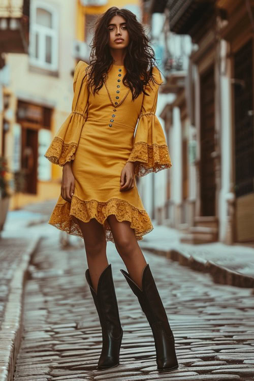 A woman wears black cowboy boots and a lace-trim yellow dress