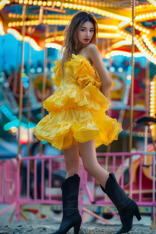 A woman wears black cowboy boots paired with a ruffle yellow dress