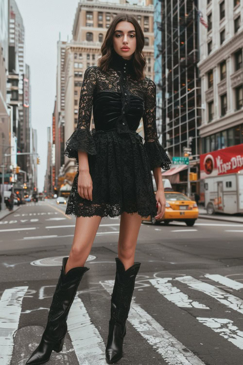 A woman wears black cowboy boots with a black lace baby doll dress on the street