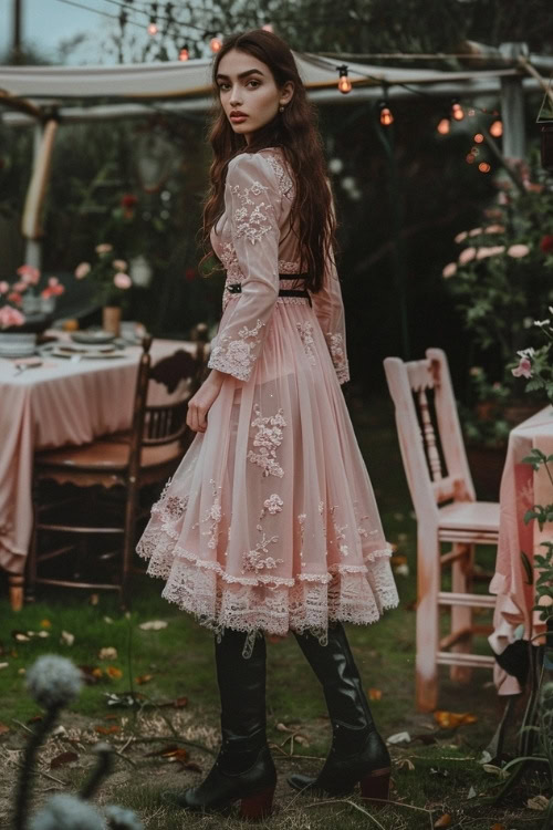 A woman wears black cowboy boots with a floral lace pink dress