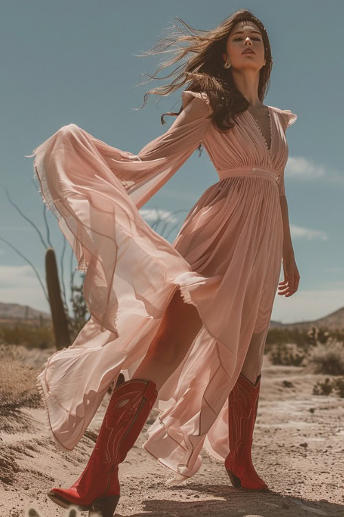 A woman wears black cowboy boots with a flowy pink dress