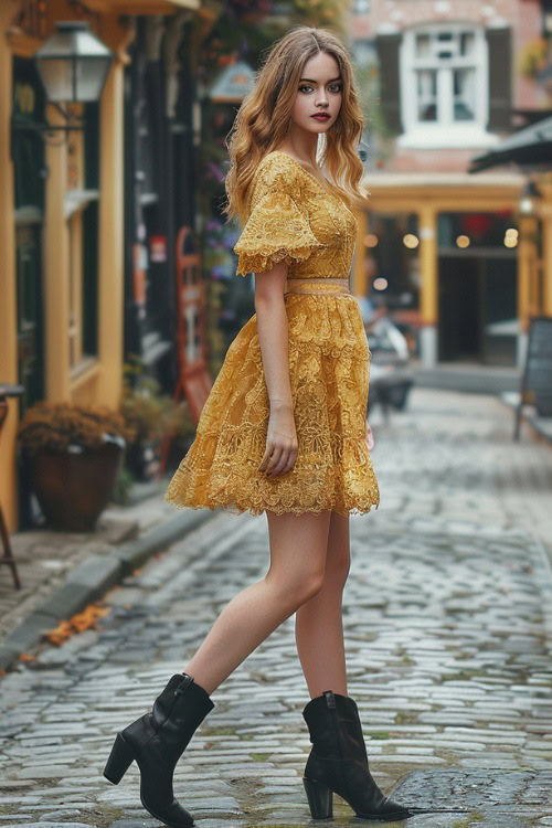 A woman wears black cowboy boots with a lace yellow dress