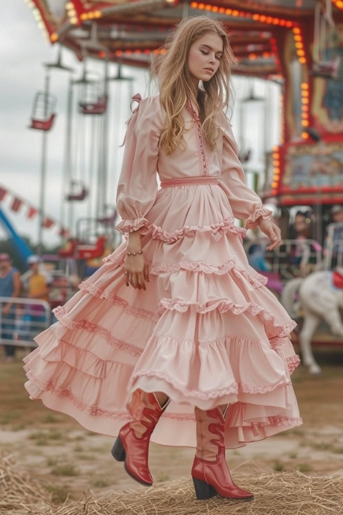 A woman wears red cowboy boots with a long ruffle pink dress