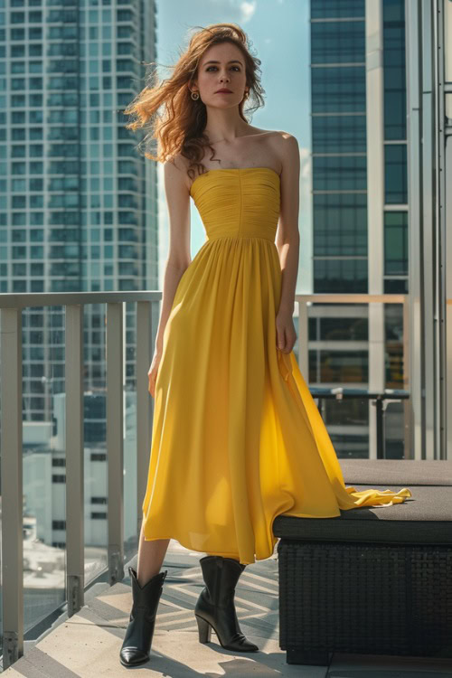 A woman wears black cowboy boots with a long yellow pleated dress
