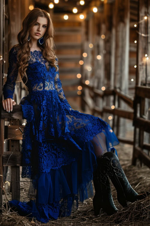 A woman wears black cowboy boots with a navy blue lace prom dress