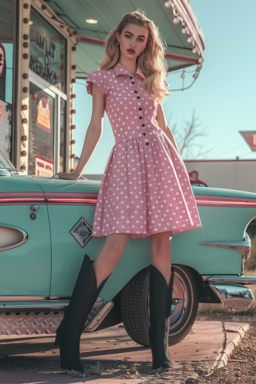 A woman wears black cowboy boots with a pink dotted dress