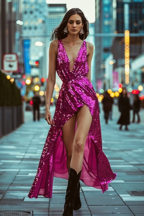 A woman wears black cowboy boots with a pink sequin dress (2)