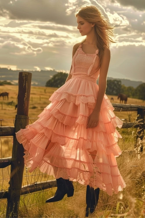 A woman wears black cowboy boots with a ruffle pink dress