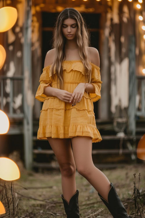 A woman wears black cowboy boots with a ruffled yellow dress