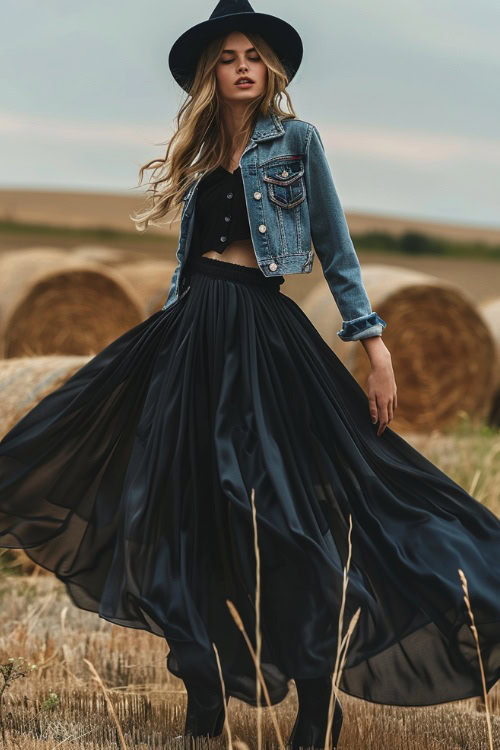 A woman wears black cowboy boots with a satin skirt, black crop top and a denim jacket