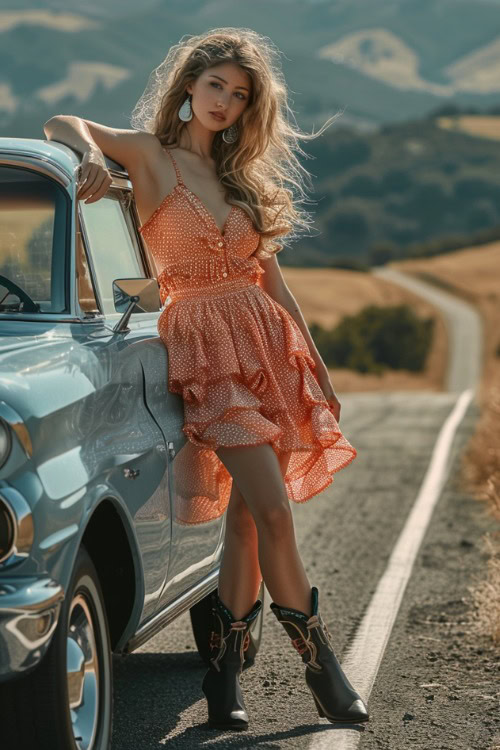 A woman wears black cowboy boots with an dotted orange dress