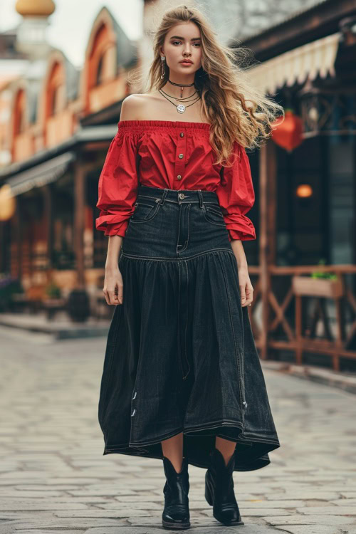 A woman wears black cowboy boots with long black denim skirt and a red off-shoulder crop top