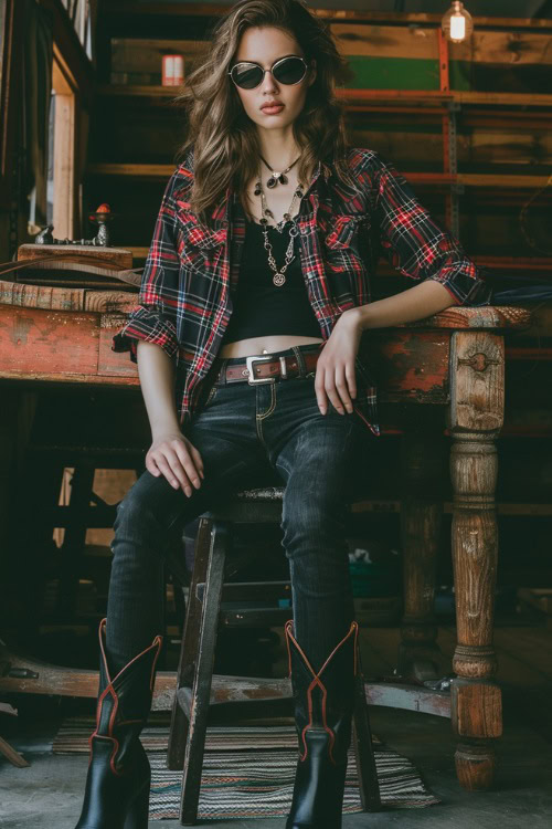 A woman wears black cowboy boots with skinny jeans, plaid coat and a black crop top